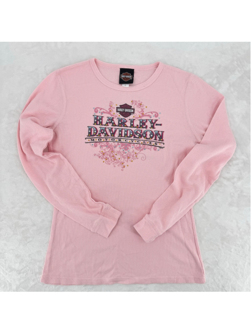 Harley-Davidson Pink Waffle Knit Top Rhinestones Studs Cleveland Biker Fits M-L
